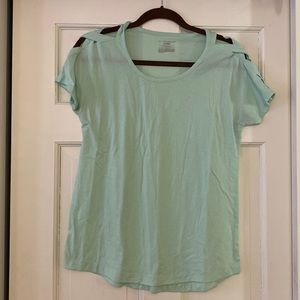 Dry tech, teal work out tee with shoulder detail.